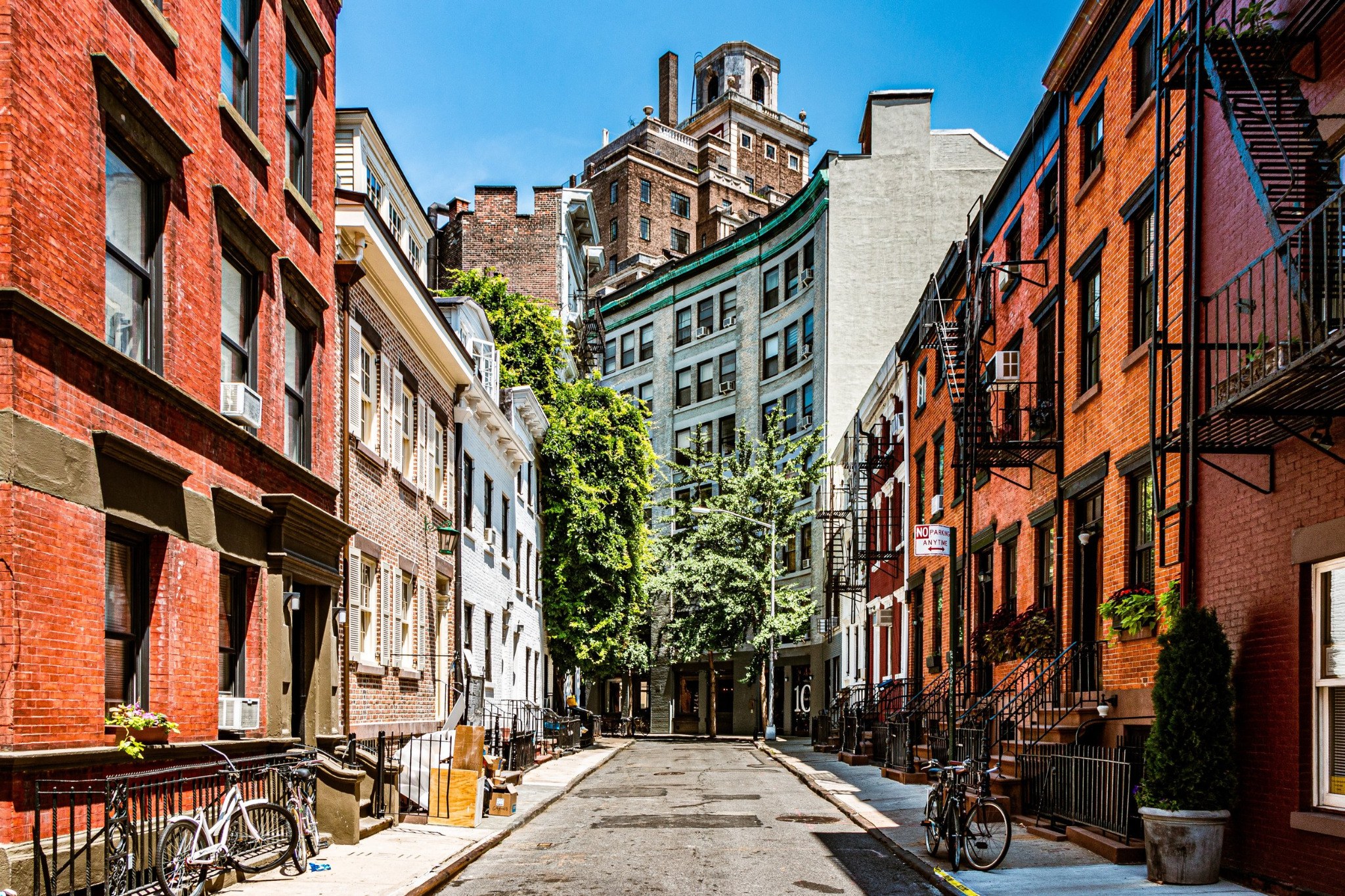 West Village brick row houses and brownstone street surfaces